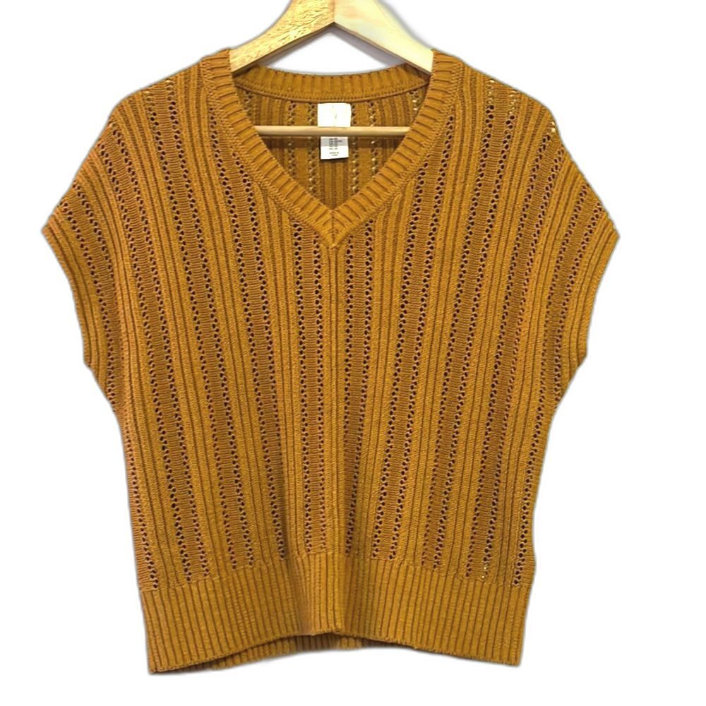 Joie Pointelle Open Knit V-Neck Lightweight Sweater XS Brown Cottage Spring New